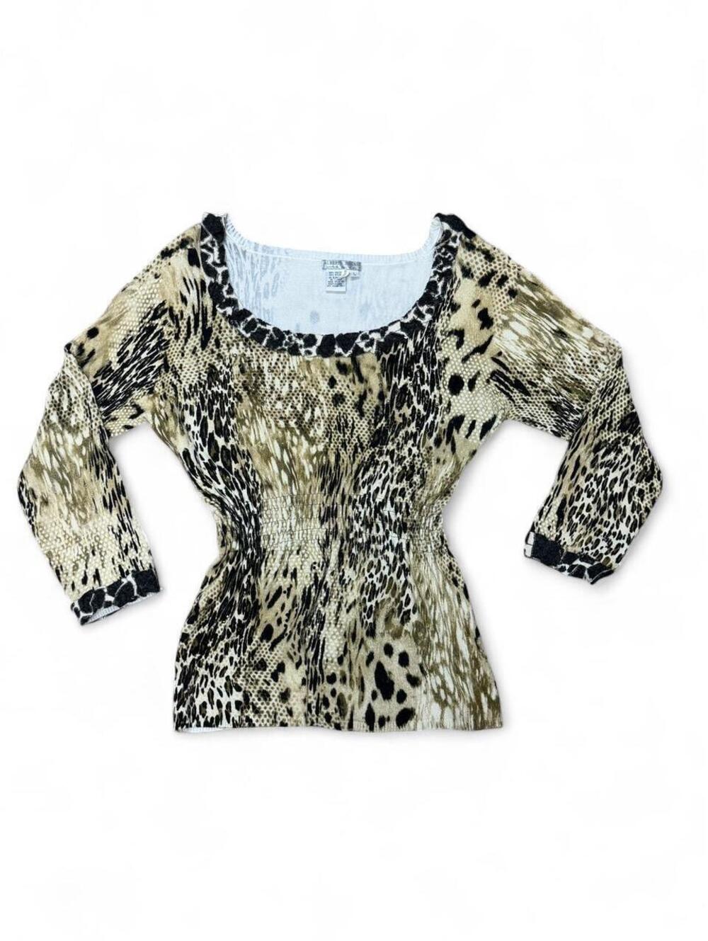 Alberto Makali Women's size L Animal Print Ruched Waist 3/4 Sleeve Top Blouse